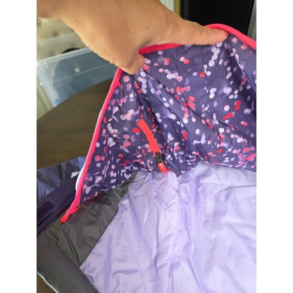 Girls Purple & Gray Hooded Winter Jacket With Polka Dot Lining Red Zippers & Fle - Picture 7 of 16